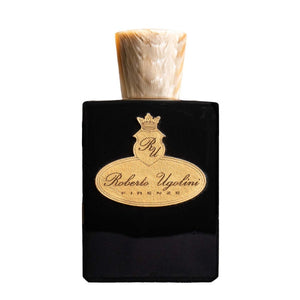 Roberto Ugolini - Derby eleganter schwarzer Flakon mit goldfarbenem Logo und edlem beige-marmoriertem Verschluss auf weißem Hintergrund
