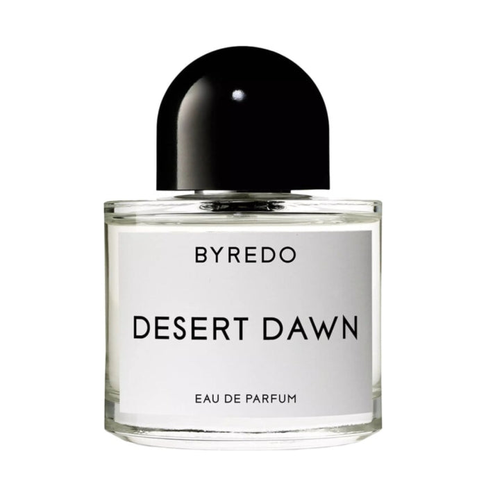 Byredo - Desert Dawn Parfumflakon in minimalistischem Design mit klarem Glas und schwarzem, rundem Verschluss