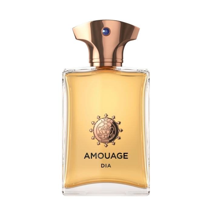 Amouage - Dia Man klarer Parfumflakon mit goldfarbenem Verschluss und prägnantem Logo im eleganten Design