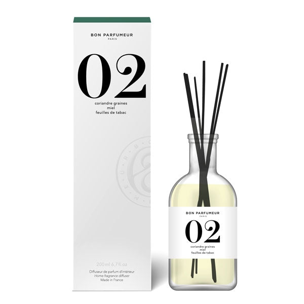 Bon Parfumeur - Diffusor 02 mit klarer Flasche, schwarzem Etikett und Stäbchen für warme, holzige Duftnoten