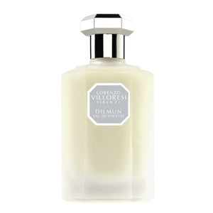 Lorenzo Villoresi Dilmun Eau de Toilette in frosted pale yellow bottle with silver faceted cap on white background