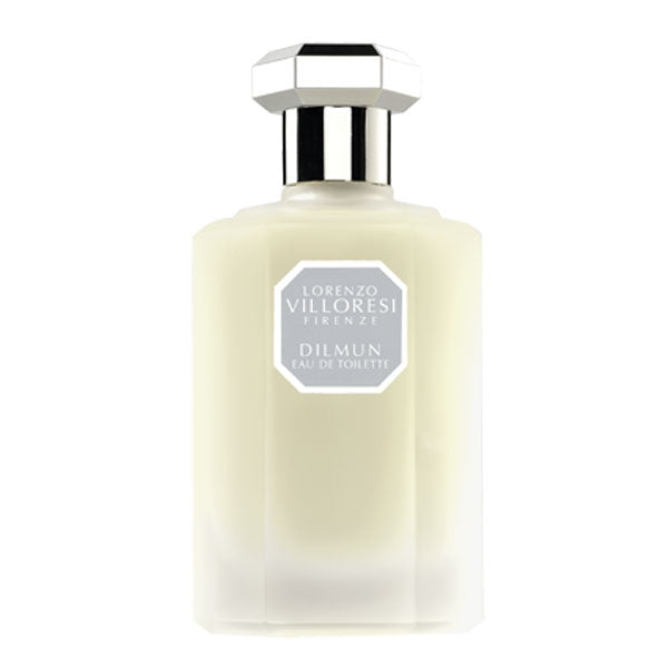 Lorenzo Villoresi Dilmun Eau de Toilette in frosted pale yellow bottle with silver faceted cap on white background
