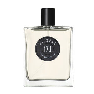 Pierre Guillaume - Dilshad No.17.1 Parfumflakon mit klarer Flüssigkeit und schlichtem schwarzem Aufdruck vor weißem Hintergrund
