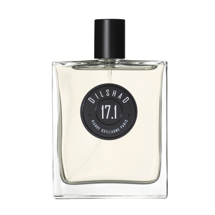 Pierre Guillaume - Dilshad No.17.1 Parfumflakon mit klarer Flüssigkeit und schlichtem schwarzem Aufdruck vor weißem Hintergrund