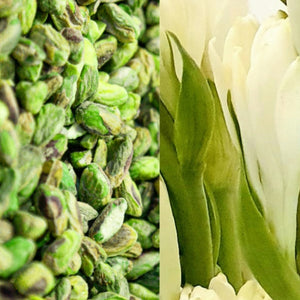 Pierre Guillaume - Dilshad No.17.1 zeigt grüne Pistazien und zarte weiße Tuberosenblüten im Detailfoto