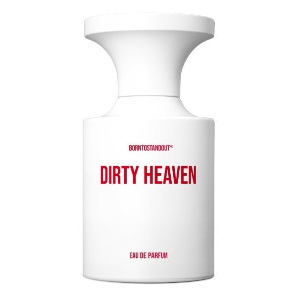 BORNTOSTANDOUT - Dirty Heaven minimalistisch weißer Flakon mit markantem rotem Schriftzug vor weißem Hintergrund