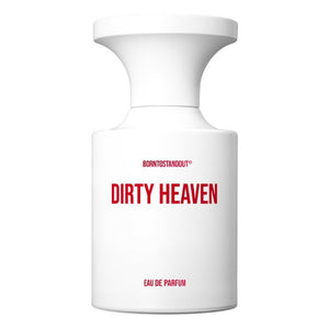 BORNTOSTANDOUT - Dirty Heaven minimalistisch weißer Flakon mit markantem rotem Schriftzug vor weißem Hintergrund
