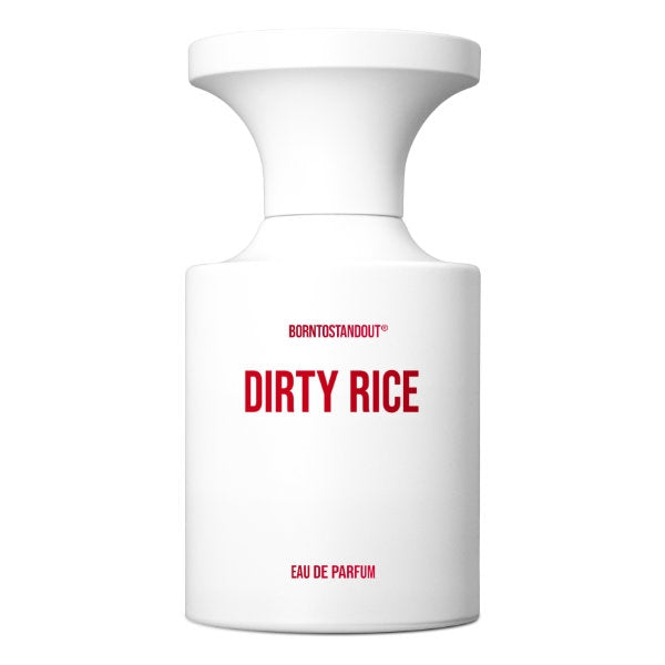 BORNTOSTANDOUT - Dirty Rice Parfumflakon in schlichtem Weiß mit roter Schrift auf weißem Hintergrund