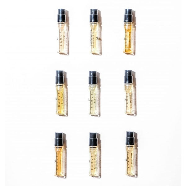 Baruti - Discovery Set - Extrait de Parfum mit neun 1ml Duftproben in transparenter Verpackung auf hellem Hintergrund