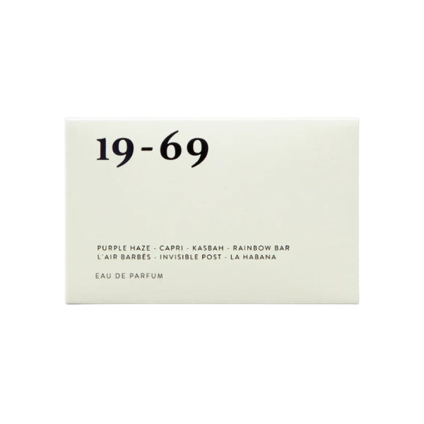 19-69 - Discovery Set 1 weiße Verpackung mit minimalistischer Schrift und Namen der enthaltenen Düfte auf Vorderseite