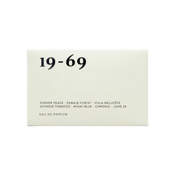 19-69 - Discovery Set 2 weiße Verpackung mit Liste der enthaltenen Düfte und minimalistischer Typografie auf Vorderseite