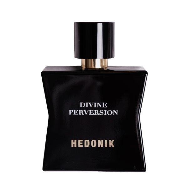 Hedonik by Francesca Bianchi - Divine Pervation Parfumflakon in schwarzem, elegantem Design mit goldenen Akzenten vor weißem Hintergrund