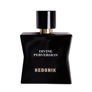 Hedonik by Francesca Bianchi - Divine Pervation Parfumflakon in schwarzem, elegantem Design mit goldenen Akzenten vor weißem Hintergrund