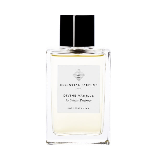 Essential Parfums - Divine Vanille Parfumflakon mit schwarzem Verschluss vor weißem Hintergrund