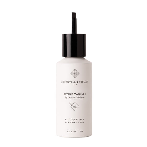 Essential Parfums - Divine Vanille Nachfüllflasche mit schwarzem Pumpspender vor hellem Hintergrund