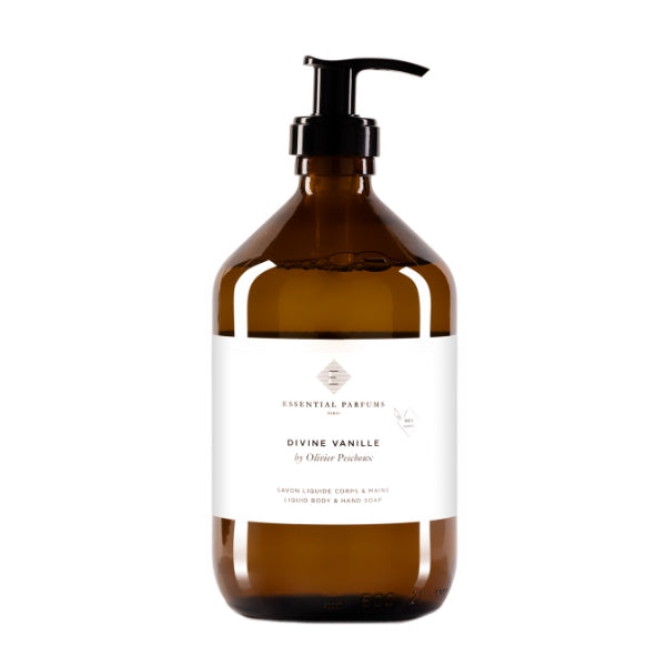 Essential Parfums - Divine Vanille - Liquid Soap in brauner Flasche mit schwarzem Pumpspender für sanfte Hand- und Körperpflege