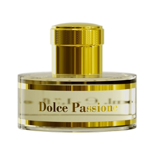 Pantheon Roma - Dolce Passione Parfumflakon mit goldfarbenem Verschluss und transparentem Glas vor weißem Hintergrund