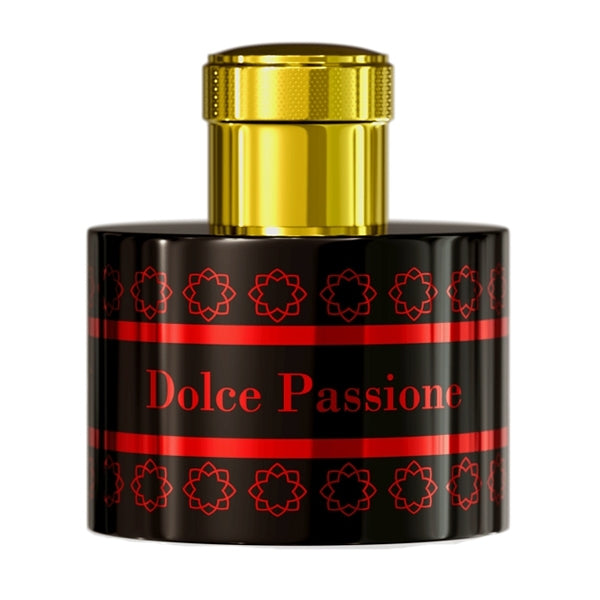 Pantheon Roma - Dolce Passione Parfumflakon in schwarzem Design mit roter Schrift und goldenem Verschluss vor weißem Hintergrund