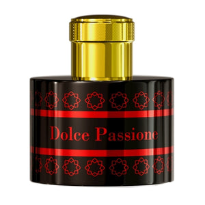Pantheon Roma - Dolce Passione Parfumflakon in schwarzem Design mit roter Schrift und goldenem Verschluss vor weißem Hintergrund