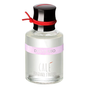Calé Fragranze d'Autore - Dolce Riso eleganter Flakon mit schwarzem Verschluss und roter Schnur vor weißem Hintergrund