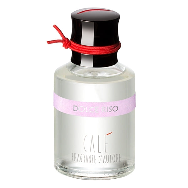 Calé Fragranze d'Autore - Dolce Riso eleganter Flakon mit schwarzem Verschluss und roter Schnur vor weißem Hintergrund