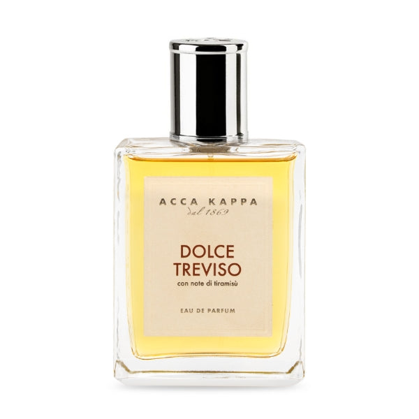 Acca Kappa - Dolce Treviso Parfumflakon mit rechteckigem Glas und silbernem Verschluss vor weißem Hintergrund