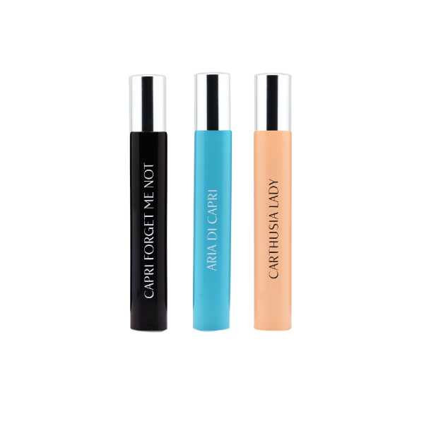 Carthusia - La Dolce Vita - Discovery Set mit drei eleganten Miniaturflakons in Schwarz, Blau und Apricotfarben