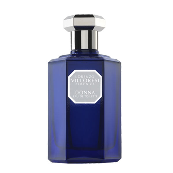 Lorenzo Villoresi Donna Eau de Toilette in dark blue faceted bottle with silver geometric cap on white background