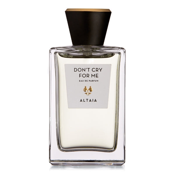 Altaia - Don't Cry For Me Parfumflakon mit klarem Glas und schwarzem Verschluss vor weißem Hintergrund