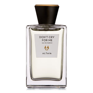 Altaia - Don't Cry For Me Parfumflakon mit klarem Glas und schwarzem Verschluss vor weißem Hintergrund