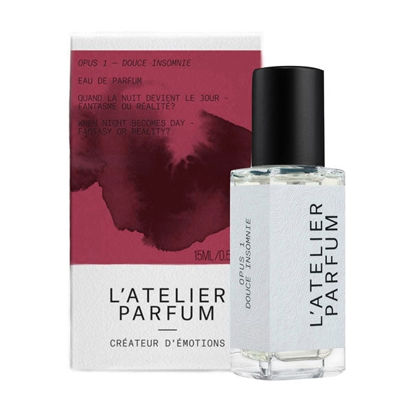 L'Atelier Parfum - Opus 1 - Douce Insomnie minimalistischer Flakon mit schwarzem Verschluss und rotem Designkarton