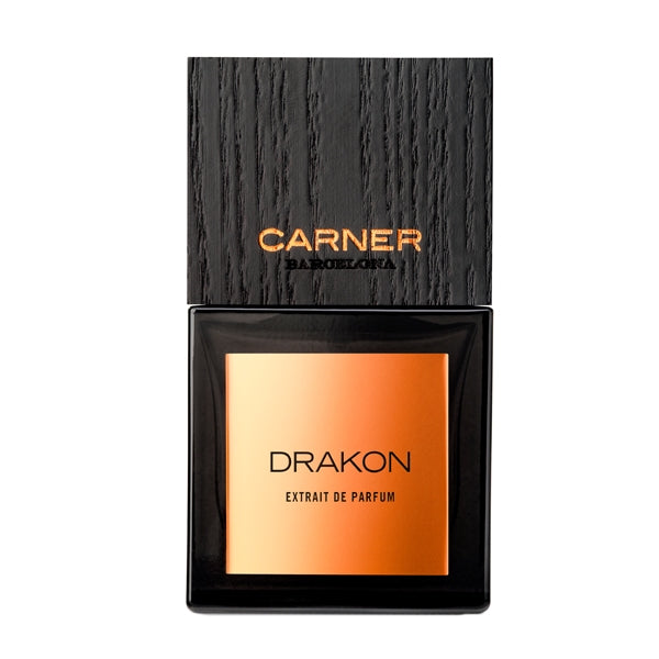 Carner Barcelona - Bestial Collection - Drakon eleganter schwarzer Flakon mit orangefarbenem Etikett und Holzdeckel