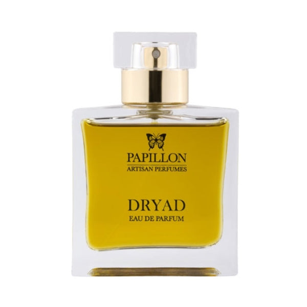 Papillon Perfumery - Dryad Parfumflakon mit goldgelbem Duft in klarem, schlichtem Glas vor weißem Hintergrund