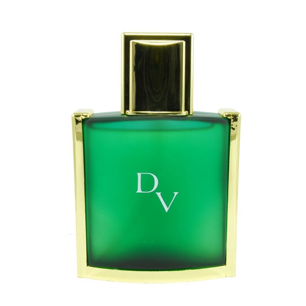 Houbigant Duc de Vervins men's perfume in green frosted glass bottle with gold trim and cap on white background