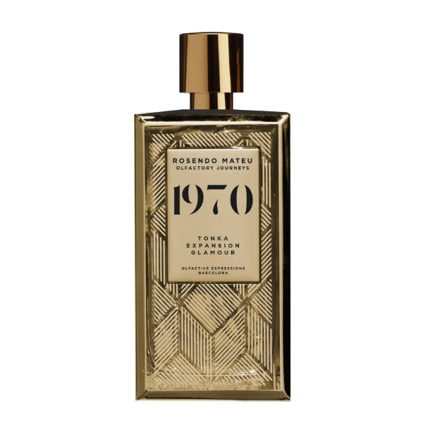 Rosendo Mateu - Olfactory Journeys - 1970 Parfumflakon mit goldgeprägtem Muster und elegantem Verschluss vor weißem Hintergrund