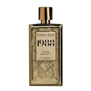 Rosendo Mateu - Olfactory Journeys - 1988 Parfumflakon mit geometrischem Reliefmuster und glänzendem goldfarbenem Verschluss