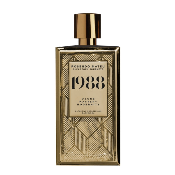 Rosendo Mateu - Olfactory Journeys - 1988 Parfumflakon mit geometrischem Reliefmuster und glänzendem goldfarbenem Verschluss