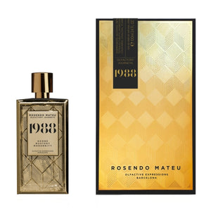 Rosendo Mateu - Olfactory Journeys - 1988 Parfumflakon und Verpackung mit modernem goldfarbenem geometrischem Muster