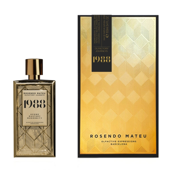 Rosendo Mateu - Olfactory Journeys - 1988 Parfumflakon und Verpackung mit modernem goldfarbenem geometrischem Muster