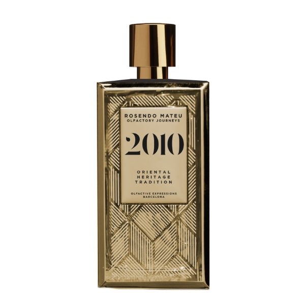 Rosendo Mateu - Olfactory Journeys - 2010 Parfumflakon mit glänzendem goldfarbenem geometrischem Relief und rechteckigem Verschluss