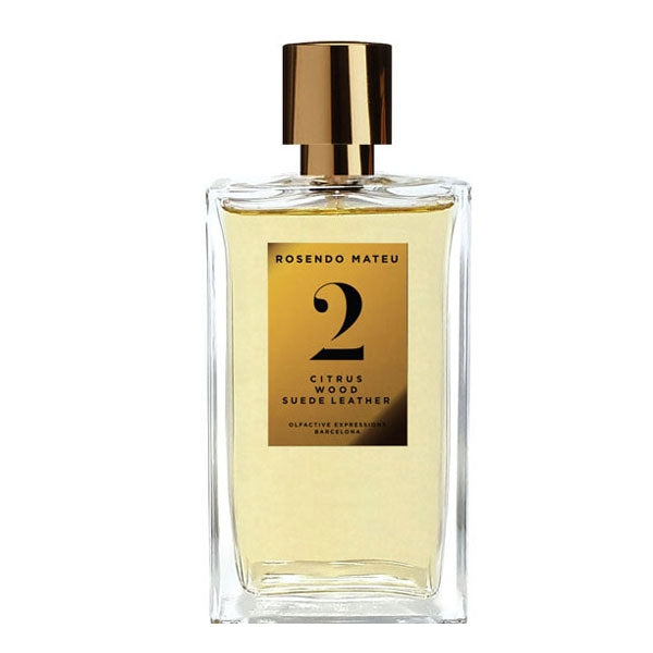 Rosendo Mateu - Olfactive Expressions - 2 Parfumflakon mit goldenem Etikett und Verschluss vor weißem Hintergrund