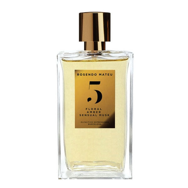 Rosendo Mateu - Olfactive Expressions - 5 Parfumflakon mit goldfarbenem Etikett und Verschluss vor weißem Hintergrund