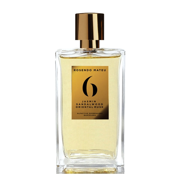 Rosendo Mateu - Olfactive Expressions - 6 Parfumflakon mit goldfarbenem Etikett und klarer rechteckiger Form