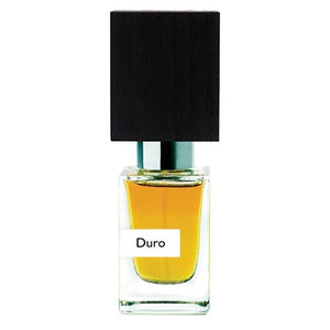 Nasomatto - Duro Parfumflakon mit klarem Glas und schwarzem Holzdeckel, maskuline Ausstrahlung vor weißem Hintergrund