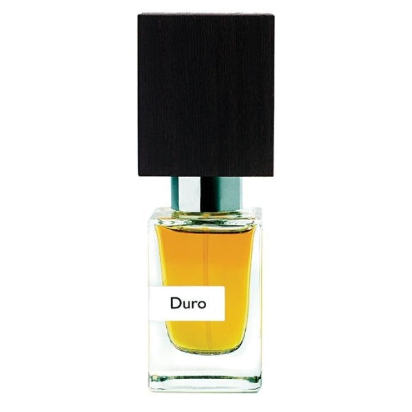 Nasomatto - Duro Parfumflakon mit klarem Glas und schwarzem Holzdeckel, maskuline Ausstrahlung vor weißem Hintergrund