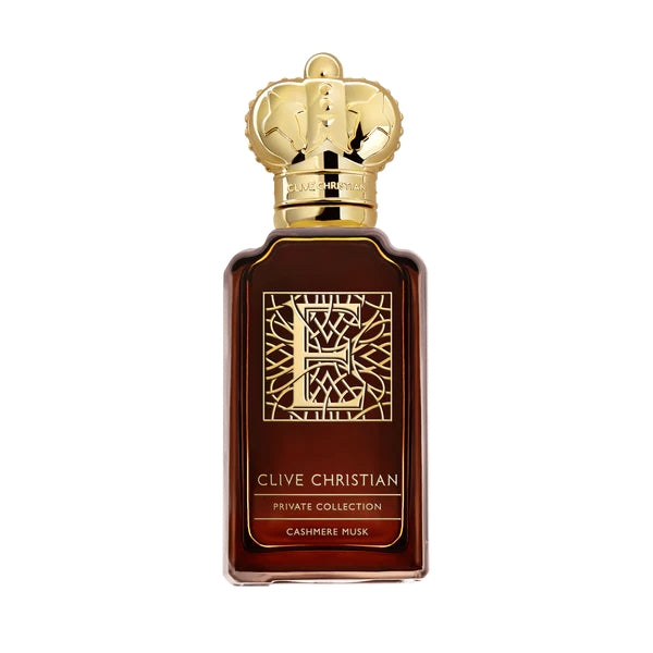 Clive Christian - E - Cashmere Musk Parfümflakon mit goldener Krone und dunkelbraunem Glas vor weißem Hintergrund