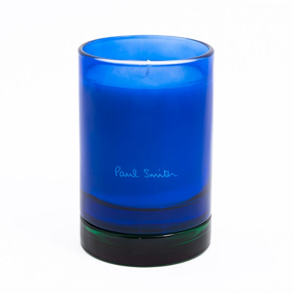 Paul Smith - Early Bird - Duftkerze im blauen Glas mit grünem Sockel und elegantem minimalistischen Paul Smith Schriftzug