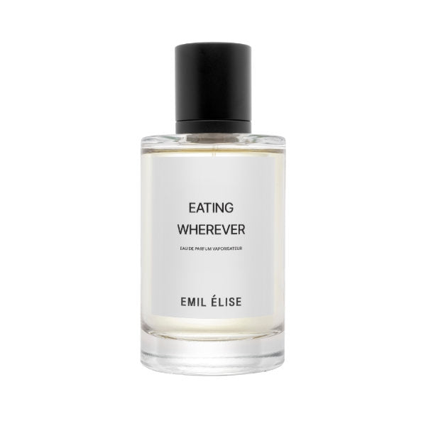 Emil Élise - eating wherever klarer Parfumflakon mit schwarzem Verschluss und schlichtem weißem Etikett vor weißem Hintergrund