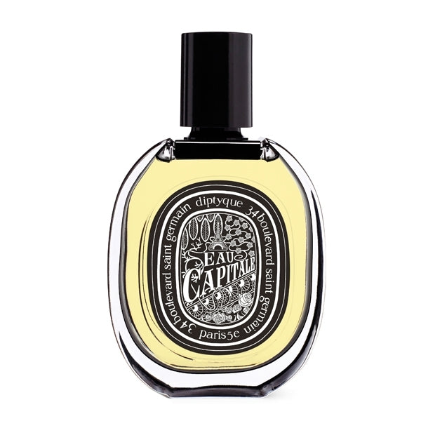 Diptyque - Eau Capitale Parfumflakon mit ovaler Form und schwarzem Etikett vor weißem Hintergrund