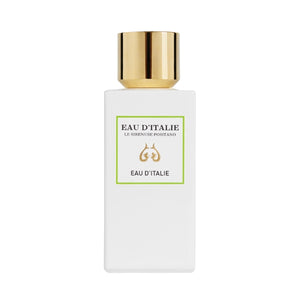 Eau d'Italie - Eau d'Italie Parfumflakon in weißem Design mit goldenem Verschluss und grünem Rahmen vor weißem Hintergrund